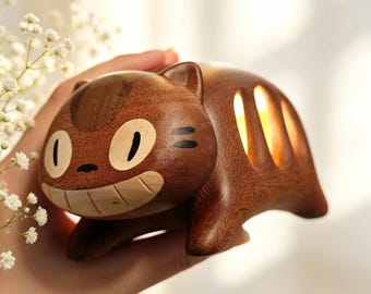 Maple Wood Cat Bus Night Light – Totoro Inspired, Handcrafted Nursery Lamp