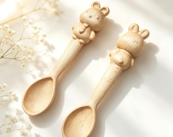 Cuillère lapin en bois de hêtre massif, mini vaisselle dessin animé pour enfants, 13 cm