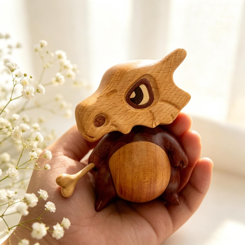 May include: A handcrafted wooden Cubone figure, featuring a light brown skull-like head and a dark brown body. The figure is held in a hand, showcasing the detailed wood grain and craftsmanship. The bone club is also made of wood.