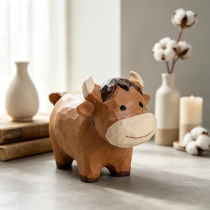 Puede incluir: Figura de vaca de madera tallada, en tonos marrones, con cara y cuernos claros. La vaca tiene una superficie texturizada y una expresión sonriente. Un artículo decorativo.