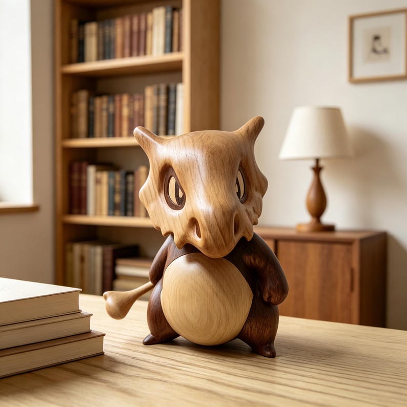 May include: A wooden Cubone figurine with a light brown skull mask and a dark brown body. The figurine is standing on a wooden table, with a stack of books in the foreground and a bookshelf in the background. The figurine is a unique piece of home decor.