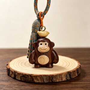 Hand Carved Walnut Wood Monkey Keychain | Cute Wooden Monkey Charm, Handmade Gorilla Pendant, Car Hanging Ornament