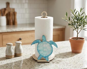 Handmade Coastal Paper Towel Holder, Blue Sea Turtle Wooden Stand, Housewarming Gift