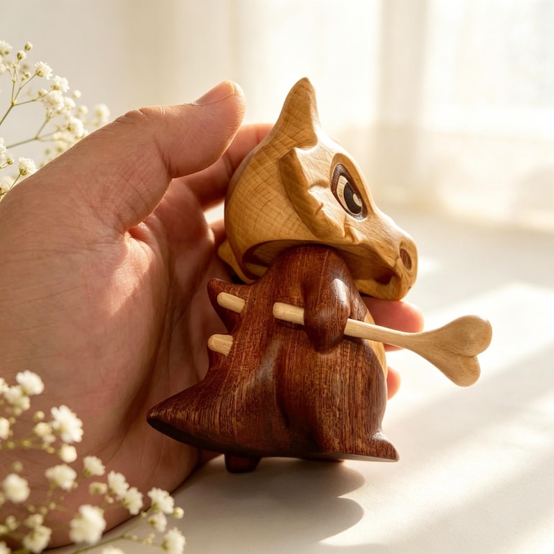 May include: A wooden Cubone figurine, featuring a light brown skull and a dark brown body. The figurine holds a bone and has a detailed carved design. The toy is made of wood and is a collectible item.