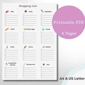 Gecategoriseerde boodschappenlijst afdrukbare, minimalistische boodschappenlijst (A4/US Letter)