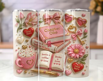 Coquette Book Lover Tumbler Wrap PNG, Pink Books & Coffee 20oz Skinny Tumbler sublimatieontwerp, romantische lezer digitale download