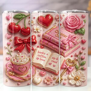 Rosa Coquette Böcker & Kaffe Tumbler Wrap PNG, Romantisk Läsare 20oz Smal Tumbler Sublimeringsdesign, Körsbärsrosett Digital Nedladdning
