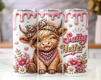 Salty Heifer Highland Cow Tumbler Wrap PNG, Cute Cowgirl 20oz Skinny Tumbler Sublimation Design, Pink Western Digital Download
