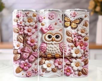 3D Inflated Owl Tumbler Wrap PNG, Pink Floral Butterfly Owl Sublimation Design, Cute Spring 20oz Skinny Tumbler Straight Digital Download