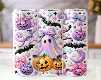 Opgeblazen holografische spookbeker wrap png, girly halloween 20oz mager sublimatieontwerp, pastel pompoen spookbeker wrap