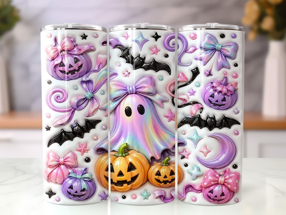 Inflated Holographic Ghost Tumbler Wrap PNG, Girly Halloween 20oz Skinny Sublimation Design, Pastel Pumpkin Ghost Tumbler Wrap