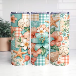 20oz smal tumbler wrap PNG, strandblommig lapptäcke, tropiska sommarblommor, kustnära sjöstjärnsnäcksdesign, sublimeringstumblerfil