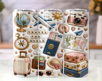 Opgeblazen reisbeker wrap png, reis de wereld 20oz mager sublimatieontwerp, vakantie avontuur beker wrap