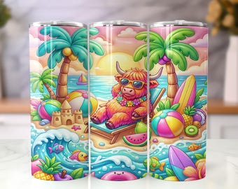 Zomerse Highland Cow Tumbler Wrap PNG, Tropical Beach Cow 20oz skinny sublimatieontwerp, leuke vakantie zomer wrap