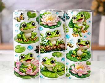 Inflated Frog Tumbler Wrap PNG, Cute Frog Sublimation Design, Adorable Lotus Pond 20oz Skinny Tumbler PNG Digital Download