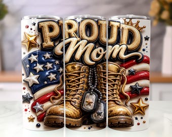 Opgeblazen trotse moeder militaire beker wrap png, legermoeder 20oz mager sublimatieontwerp, patriottische militaire familiecadeau