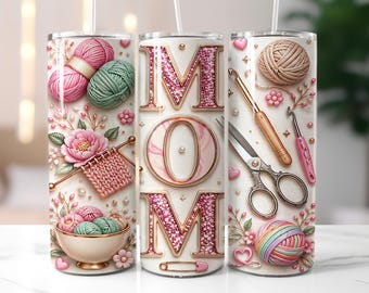 Gehaakte moeder 20oz beker wrap png, breigaren bloemen hobby sublimatie ontwerp, crafter magere beker, png