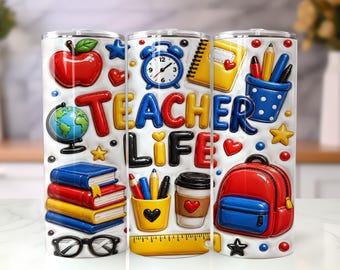 Opgeblazen Teacher Life 20 oz beker wrap png, sublimatieontwerp schoolbenodigdheden, magere beker leraar waardering png
