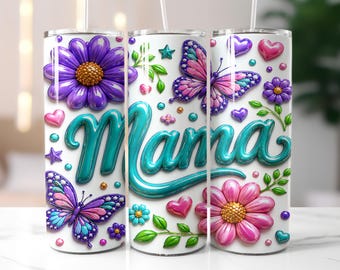 Opgeblazen mama beker wrap png 20oz, bloemen vlinder moederdag sublimatie ontwerp, schattige moeder cadeau magere beker png