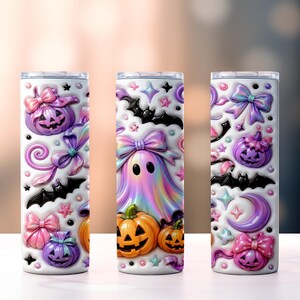 three cylindrical containers with Halloween-themed designs on them. The containers are decorated with pumpkins, bats, and other spooky elements, creating a festive and whimsical appearance.