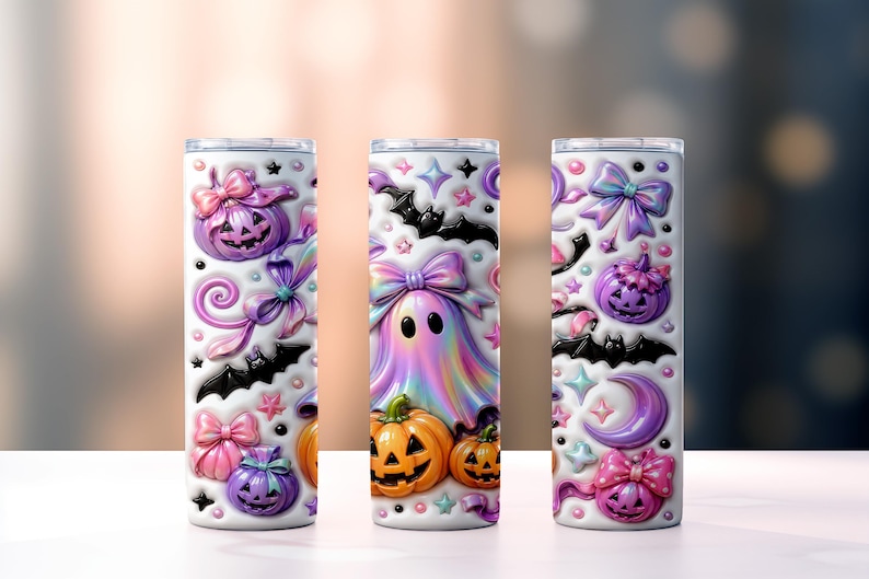 three cylindrical containers with Halloween-themed designs on them. The containers are decorated with pumpkins, bats, and other spooky elements, creating a festive and whimsical appearance.