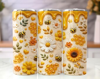 Opgeblazen honingbij zonnebloem 20oz beker wrap png, madeliefje honingraat sublimatie ontwerp, hommel magere beker, png