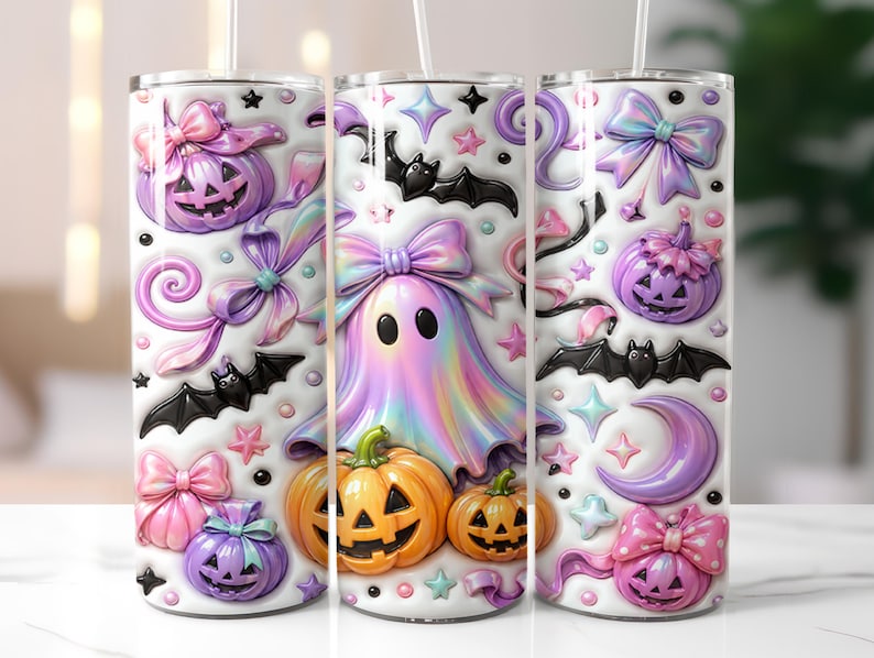 A trio of Halloween-themed tumblers, each adorned with a variety of spooky and festive decorations. The tumblers feature pumpkins, bats, ghostly figures, and other Halloween-related motifs, creating a whimsical and festive atmosphere.