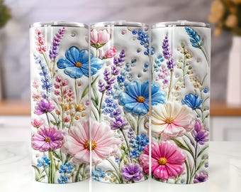 Opgeblazen beker met wilde bloemen bloemen, png, cottagecore bloemen 20oz mager sublimatieontwerp, pastelkleurige botanische bloem bekeromslag
