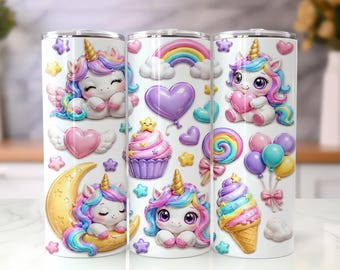 Inflated Unicorn 20oz Tumbler Wrap PNG, Pastel Rainbow Fantasy Sublimation Design, Cute Magical Unicorn Skinny Tumbler PNG