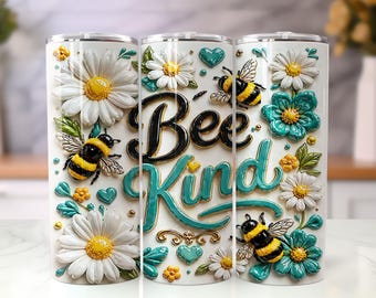 Bee Kind Tumbler Wrap PNG, Daisy Bee 20oz skinny Tumbler sublimatieontwerp, bloemen lente digitale download