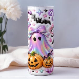 A Halloween-themed cylindrical container with a ghost, pumpkins, and bats on it, placed on a white surface.