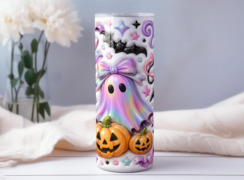 A Halloween-themed cylindrical container with a ghost, pumpkins, and bats on it, placed on a white surface.