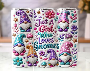 Just A Girl Who Loves Gnomes 20oz beker wrap png, schattig pastel kabouter sublimatieontwerp, fantasie bloemen magere beker png