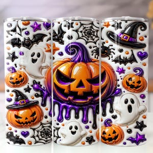 May include: A cylindrical tumbler featuring a white background with a repeating Halloween pattern. The design includes orange jack-o'-lanterns with purple dripping accents, white ghosts, black bats, spider webs, and purple and orange stars.
