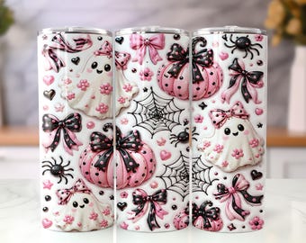 Opgeblazen kawaii roze halloween spookbeker wrap png, gezwollen roze pompoen en strik 20oz mager sublimatie ontwerp schattig coquette spookbeker