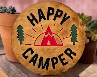 Happy Camper - Camping - Wood - Trees - Wilderness - Outdoors - Carved Wood Sign - Hand Painted