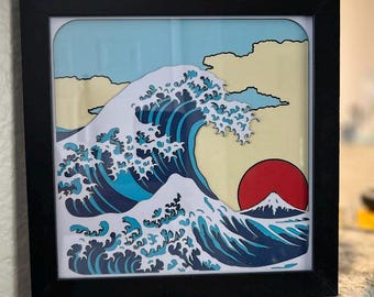 Layered The Great Wave - Japanese - Laser Cut Cardstock - Framed Art - Gift