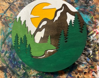 3D Layered Mountain Landscape - Wood - Wall Art - Laser Cut - Hand Painted
