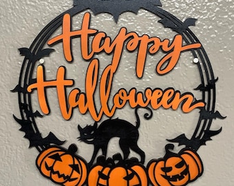 Happy Halloween - Pumpkins - Black Cat - Bats - Wood - Sign - Art - 3D Layered - Laser Cut