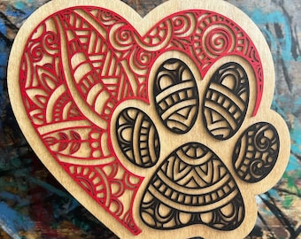 Heart and Dog Paw - Wood - Mandala - Sign - Art - 3D Layered - Laser Cut