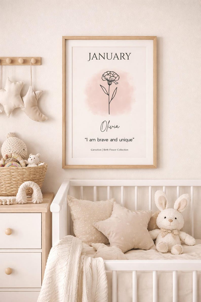 January Birth Flower Carnation Custom Name Print, Personalized Boho ...