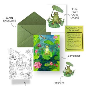 May include: A stationery set titled LITTLE PUDDLE POST featuring a green envelope, a frog art print, a colouring page with frogs and water lilies, a frog sticker, and a yellow fun fact card with text about frogs and their biology and history.