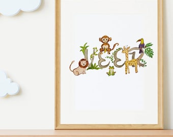Benutzerdefinierte Baby Name Aquarell | Dschungel Safari Tiere, Tukan Frosch Kinderzimmer Kunst