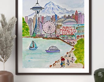 Seattle skyline aquarel print | Space Needle Pike Place Market-muurkunst | Pacific Northwest-kunst | Seattle-cadeau | Wereldkampioenschap voetbal 2026 Seattle