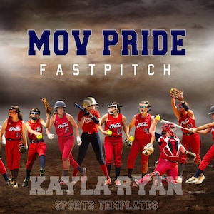 Puede incluir: Un equipo de softbol con uniformes rojos y blancos posa para una foto de equipo. El equipo se llama "MOV PRIDE FASTPITCH" y la foto está subtitulada "KAYLA RYAN SPORTS TEMPLATES".