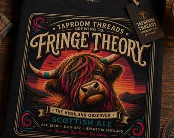 Highland Cow Beer Shirt, Fringe Theory Scottish Ale Tee, Vintage Brewery Label Graphic T Shirt