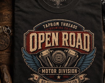 Motorcycle T Shirt Open Road Biker Graphic Tee Vintage Beer Label