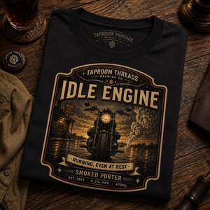 May include: Black t-shirt featuring a motorcycle graphic with the words "IDLE ENGINE" and "RUNNING, EVEN AT REST." The shirt also includes "SMOKED PORTER" and "EST. 1968." The design is in shades of brown, orange, and black.