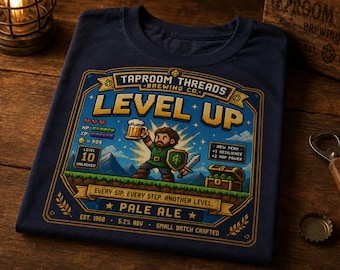 Level Up Beer T Shirt, Retro Gaming Graphic Tee, Pixel Art Gamer Beer Shirt