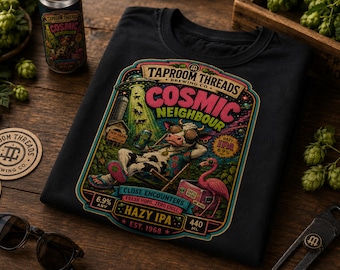Cosmic Neighbour Beer T Shirt, Retro UFO Cow Graphic Tee, Hazy IPA Shirt